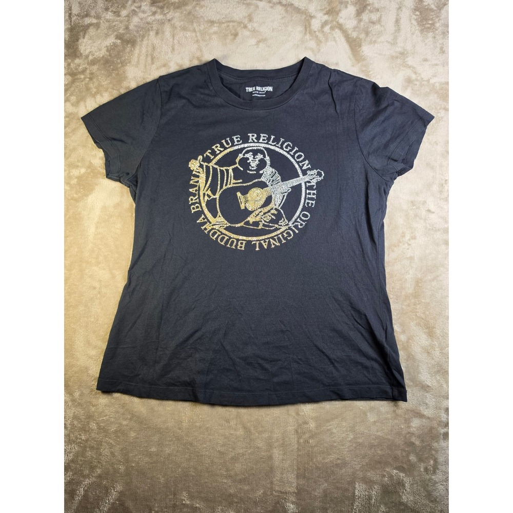True Religion Womens Crystal Buddha Stamp T-Shirt Black Gold Silver 2XL 206508